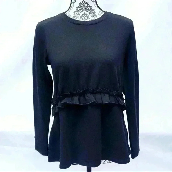 HALOGEN Black Cotton Crew Neck Ruffle Sweatshirt Size SP - Picture 4 of 8